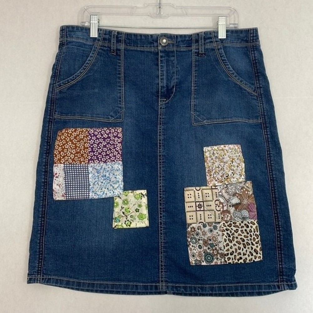 Patchwork Denim Skirt with Pockets, Upcycled Cato, One of a kind, Blue, 14